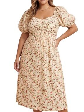 LEA Red Floral  Puff-Sleeve Maxi Dress in Cream